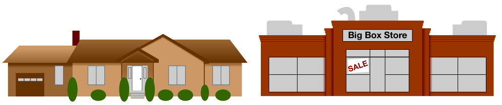 illustration showing steep slope of a common residential roof versus the flat roof of a commercial building with heavy equipment on it.
