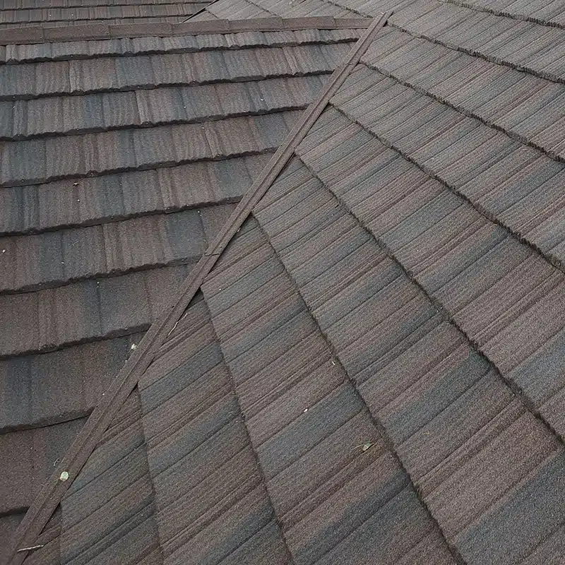 close-up of new stone-coated steel shake roof