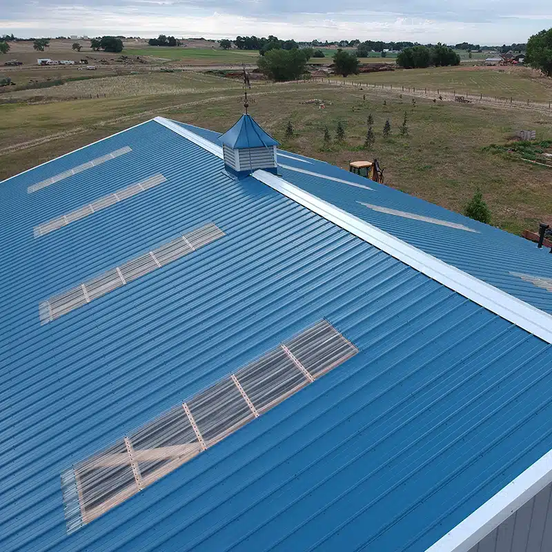 arial view of a new ribbed roof on barn in fort collins co