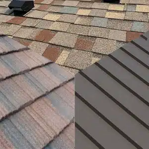 photo of three roof coverings - asphalt shingles, stone-coated steel shingles, and standing seam
