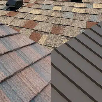 photo of three roof coverings - asphalt shingles, stone-coated steel shingles, and standing seam
