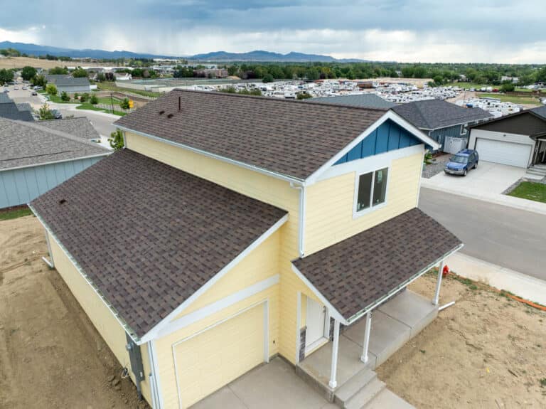 aerial view of new shingle roof installed on home in Loveland, Colorado