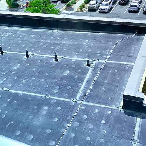Aerial view of EPDM rubber roof on hospital entry